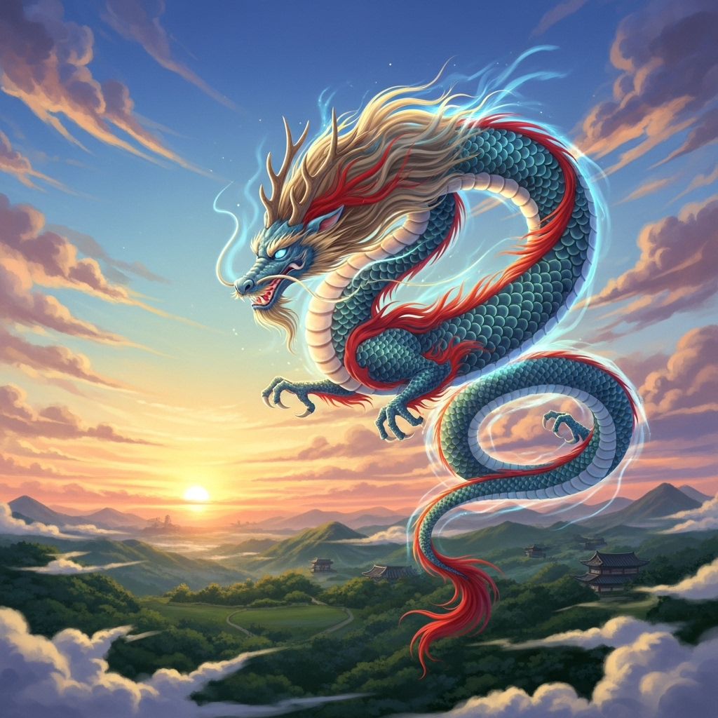 2026년 병오년, 푸른 하늘을 힘차게 비상하는 용의 모습으로 용띠의 희망찬 미래와 번영을 상징합니다.