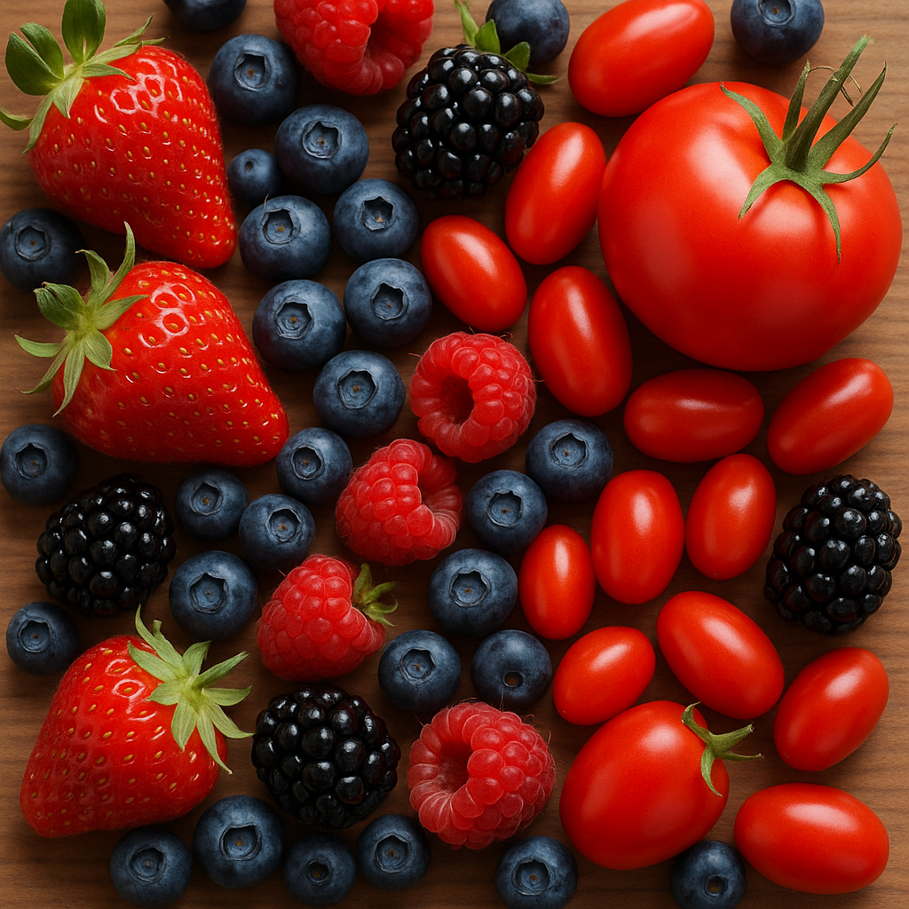 베리류 (블루베리, 딸기 등), 토마토 : 폴리페놀, 라이코펜 - 항산화 및 항염증