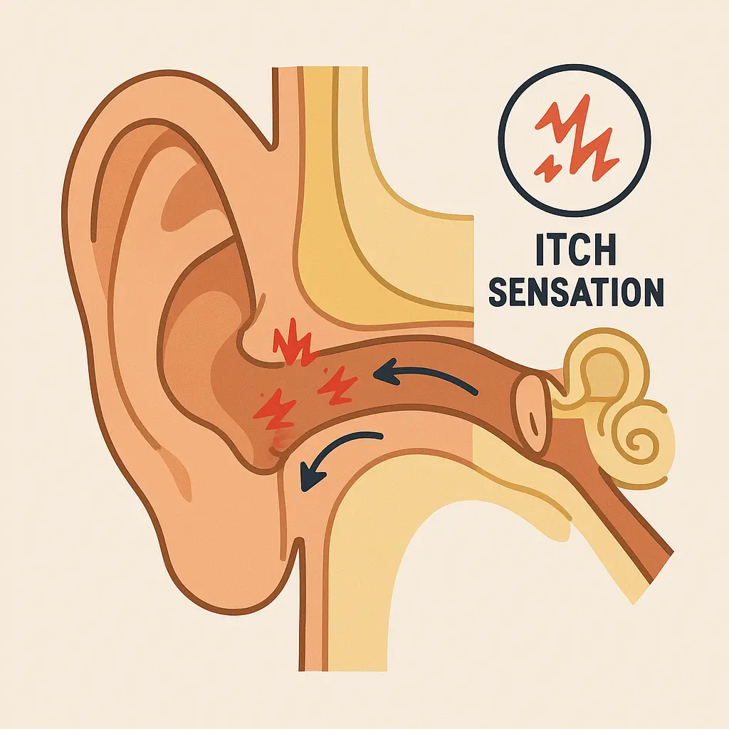 귀-속-얕은-이도에서-붉은-가려움-표시와-화살표로-이동-경로를-보여주며-내이-구조를-자세히-설명하는-인포그래픽