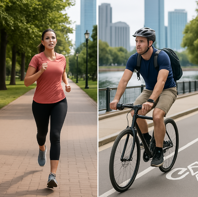 자전거 러닝 비교, 도시인 운동법, 유산소 운동 선택, 도시 운동 습관