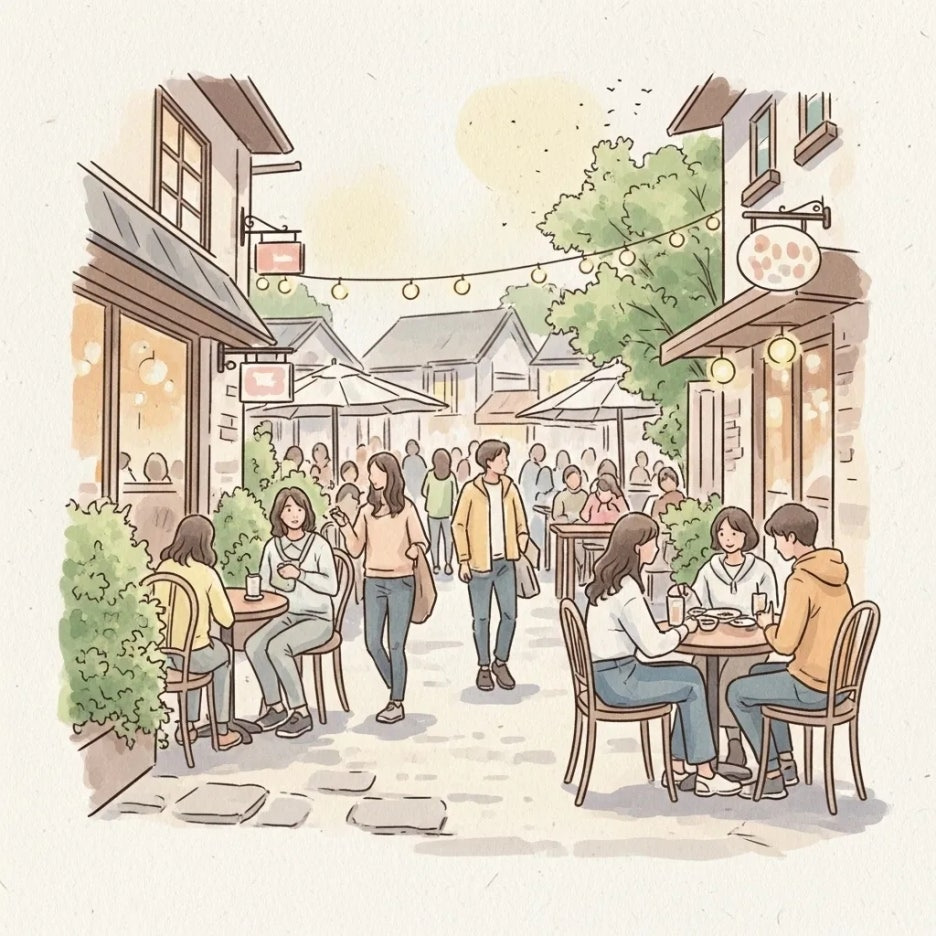 박물관 근처 활기찬 거리 풍경과 식사를 즐기는 사람들