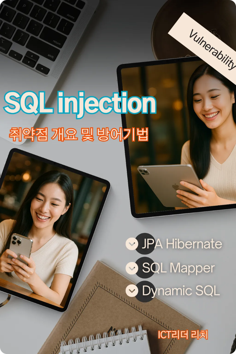 SQL injection 취약점 개요 및 방어기법에 대한 설명 이미지 (여성 강사가 노트북과 태블릿 앞에서 웃고 있음)