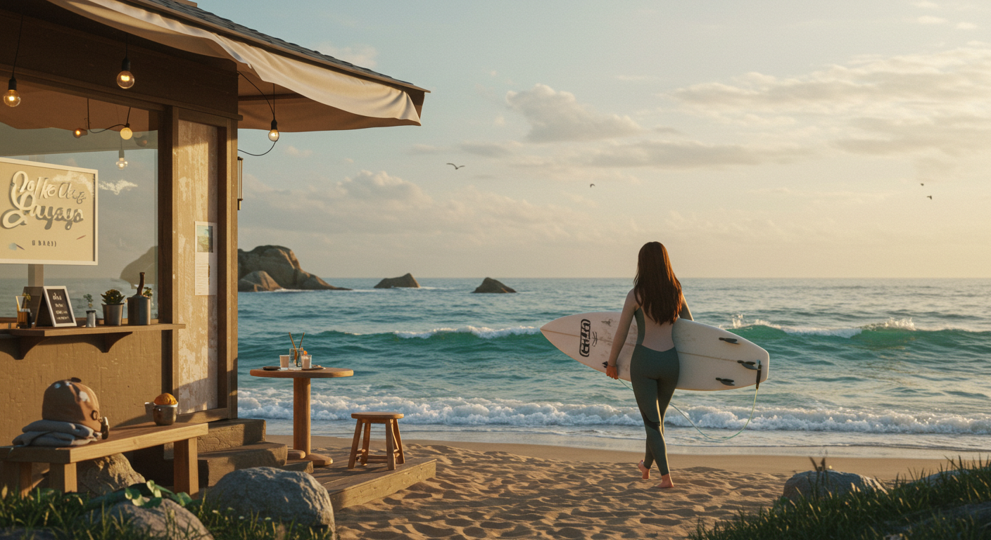 양양 죽도해변에서 서핑보드를 들고 걸어가는 한국 여성 서퍼