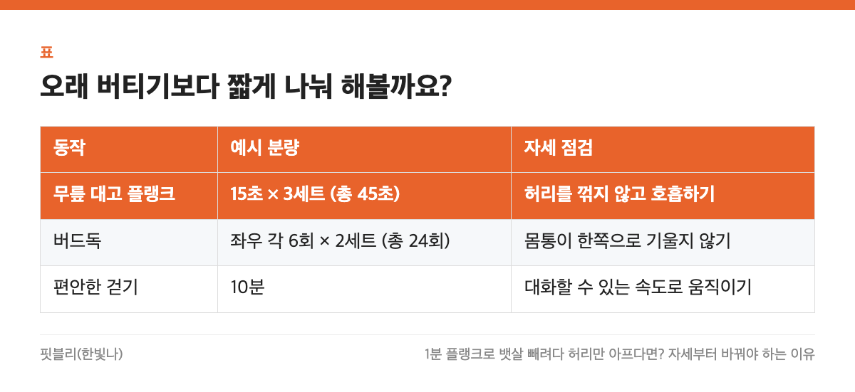 오래 버티기보다 짧게 나눠 해볼까요? 표: 동작, 예시 분량, 자세 점검