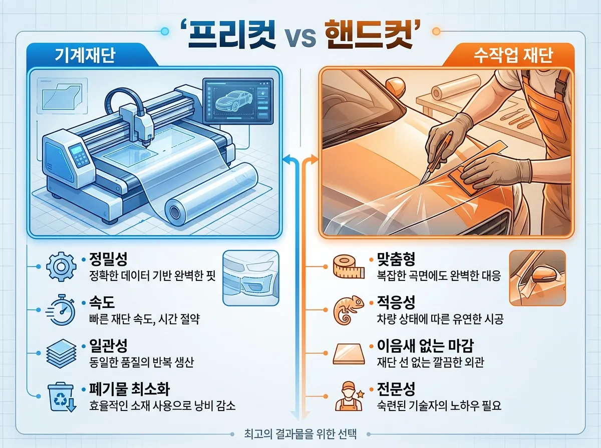 PPF 프리컷 기계재단과 핸드컷 수작업 재단 방식 비교 사진