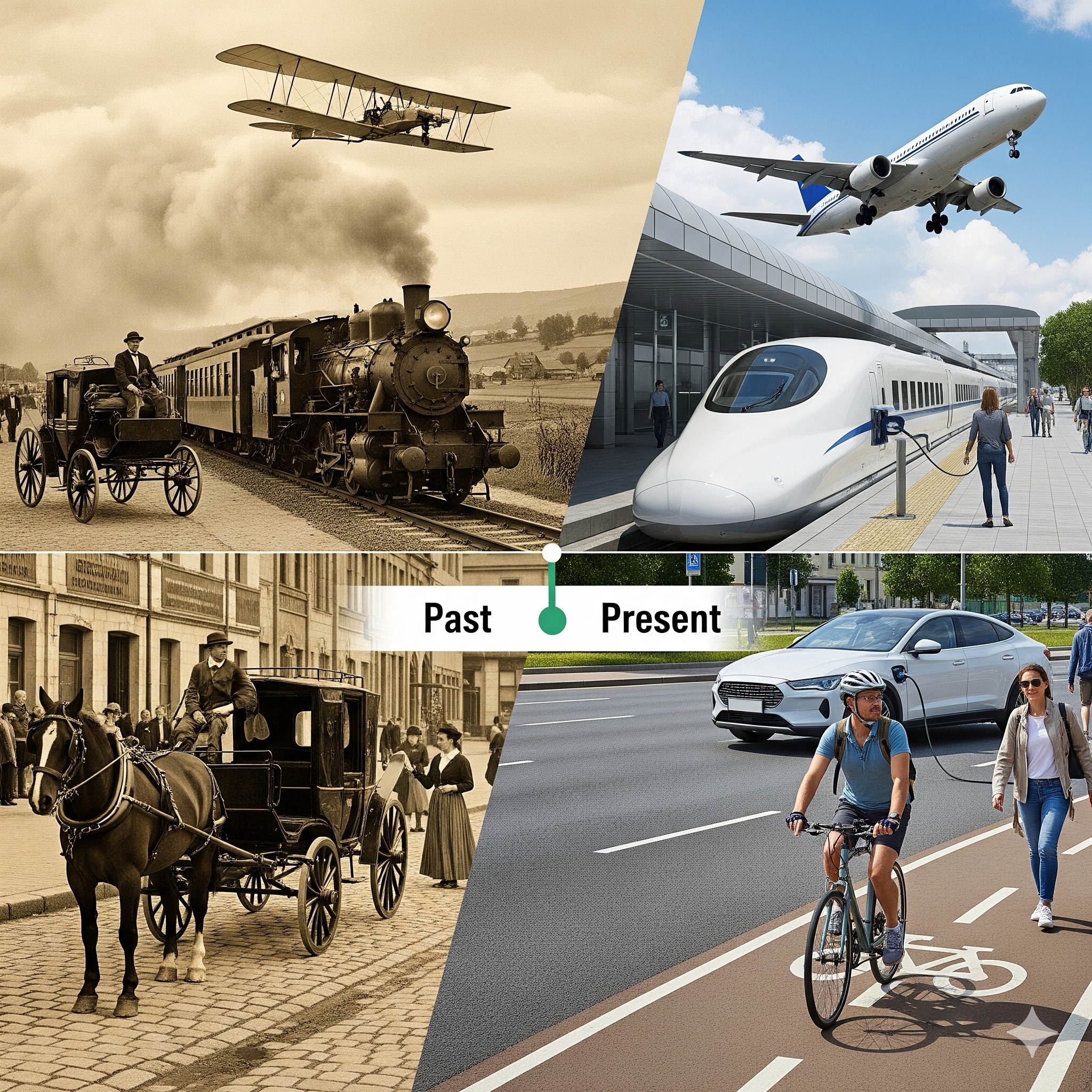 과거부터 현재, 그리고 미래에 이르기까지 교통수단의 진화를 시간의 흐름에 따라 체계적으로 정리