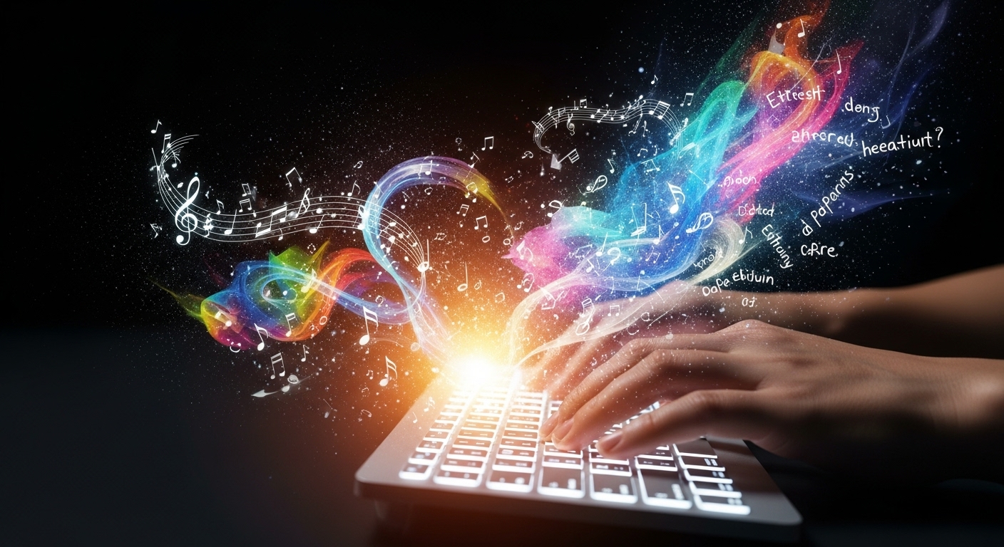 빛나는 키보드 위로 타이핑하는 손과 화면에서 흘러나오는 예술 작품들. AI와 인간 창작의 경계가 모호해지는 모습을 상징.