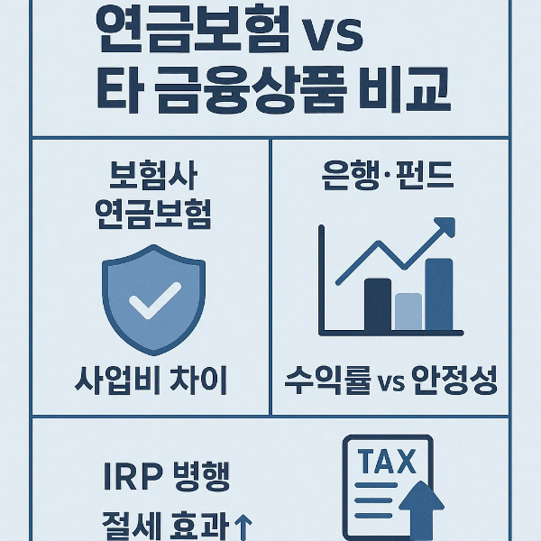 DB손해보험 연금보험과 은행&middot;펀드 등 다른 금융상품의 차이를 비교한 인포그래픽으로, 보험사 연금보험의 사업비 차이, 수익률과 안정성, IRP 병행 시 절세 효과 등을 보여줍니다.