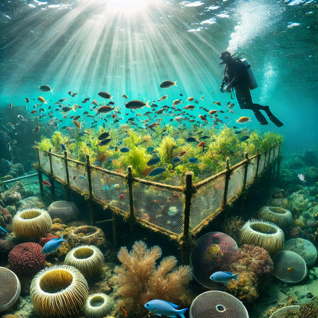 바다속 인공어초에서 물고기들이 자라는 사진