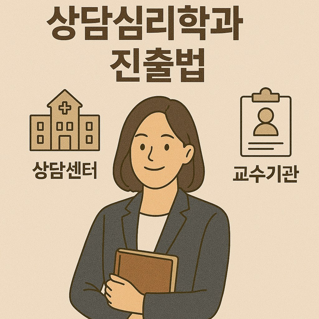 상담심리학과 진출법 포스터로, 상담센터, 학교, 임상기관 분야를 중심으로 한 여성과 함께 설명한 일러스트. 연한 베이지 배경 사용
