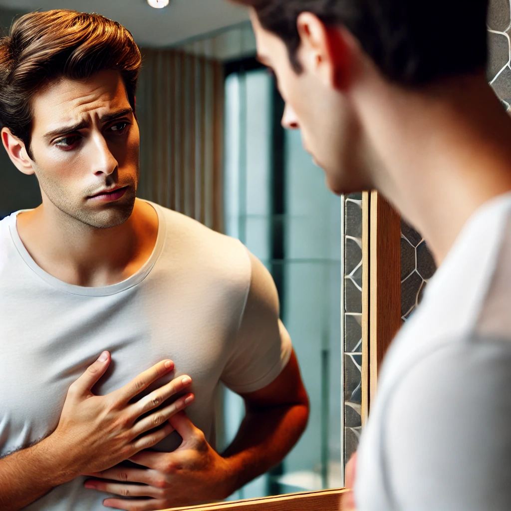 여유증이 있는지 거울로 확인하고 있는 남성