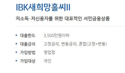 기업은행 IBK 새희망홀씨대출 조건 금리 한도 신청방법