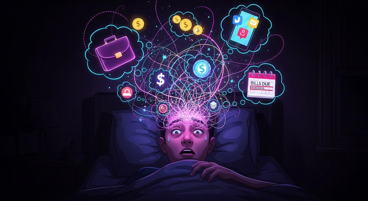 침대에 누워 잠 못 들고, 머릿속에서 꼬리에 꼬리를 무는 복잡한 생각들로 괴로워하는 사람의 모습.