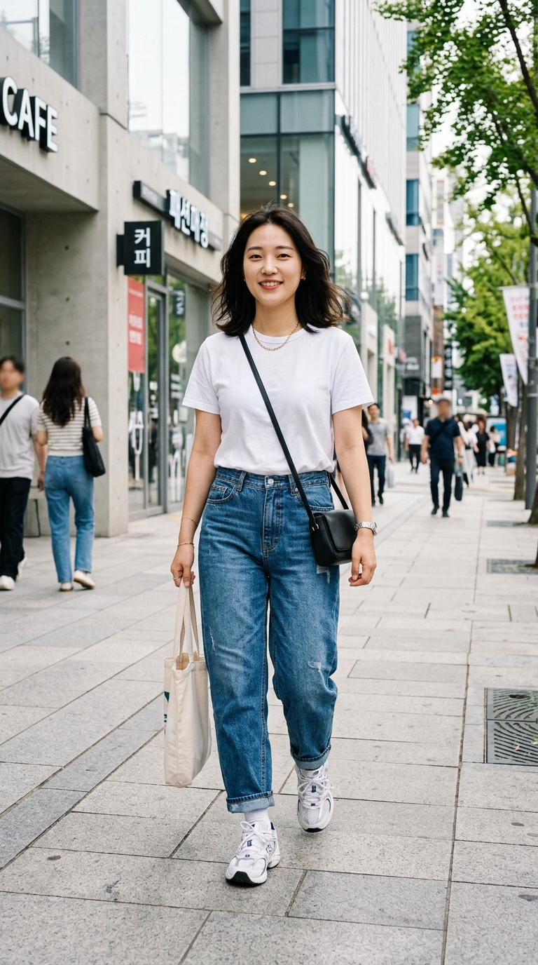 Full body street style photo of a young Korean woman wearing a plain white minimal t-shirt tucked into curved barrel-leg denim jeans, neutral tone styling, clean urban background, natural daylight, editorial fashion photography