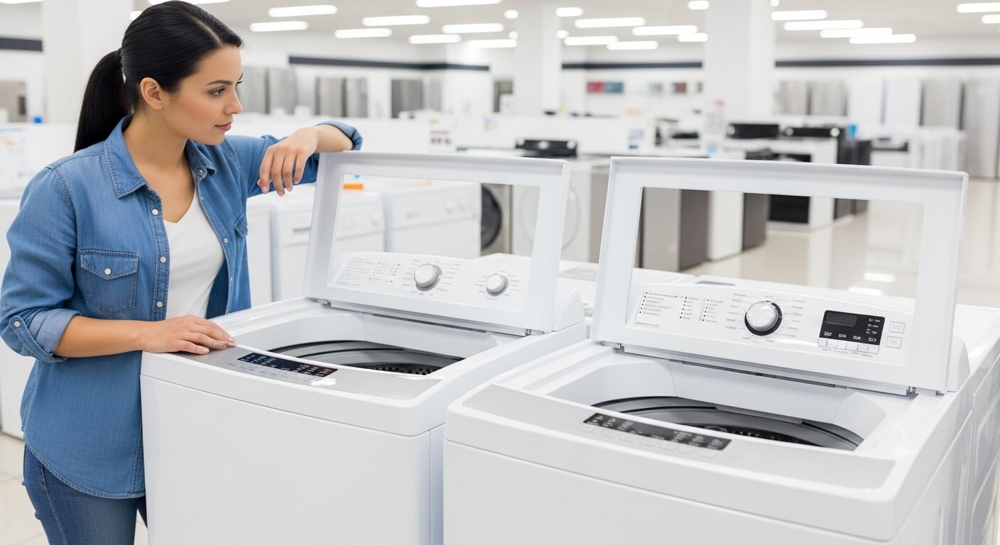매장에서 두 대의 세탁기를 비교하는 여성