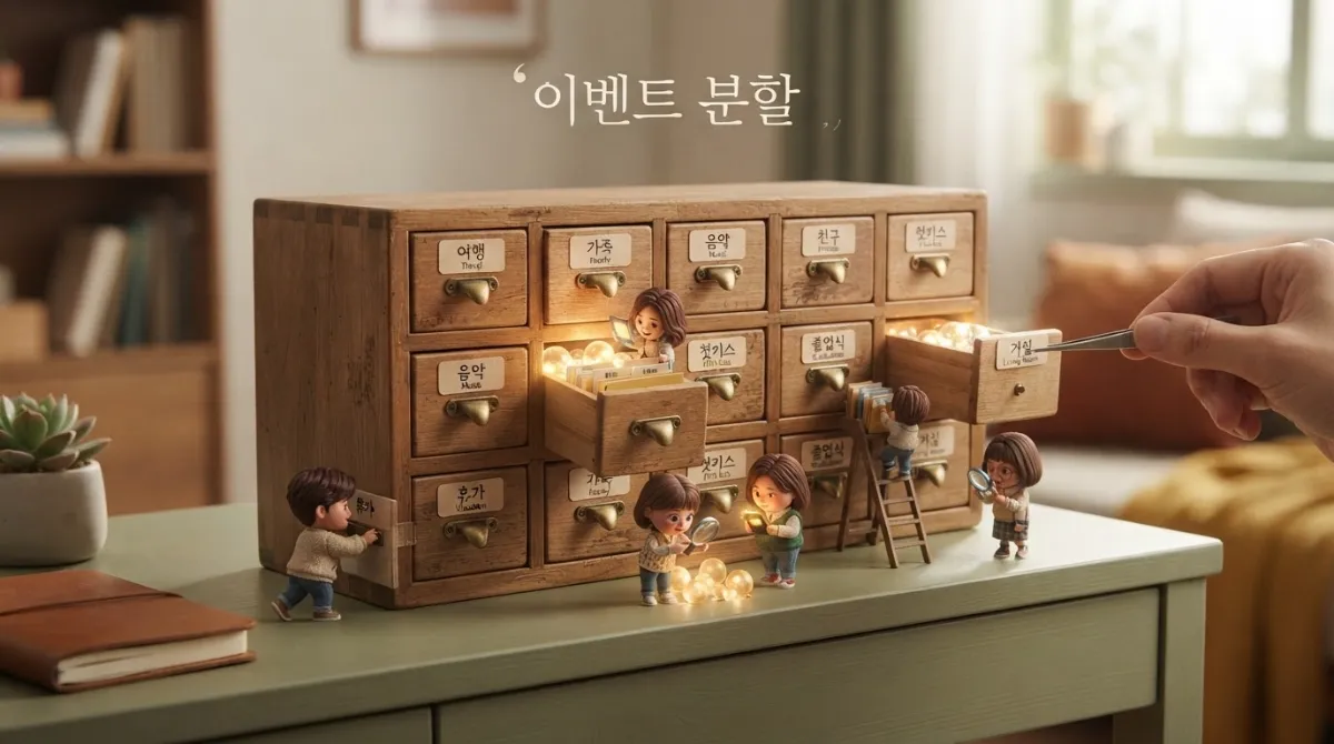 뇌가 공간별로 기억을 구획화하여 개별 서랍 폴더에 분류 저장하는 이벤트 분할 개념 모식도