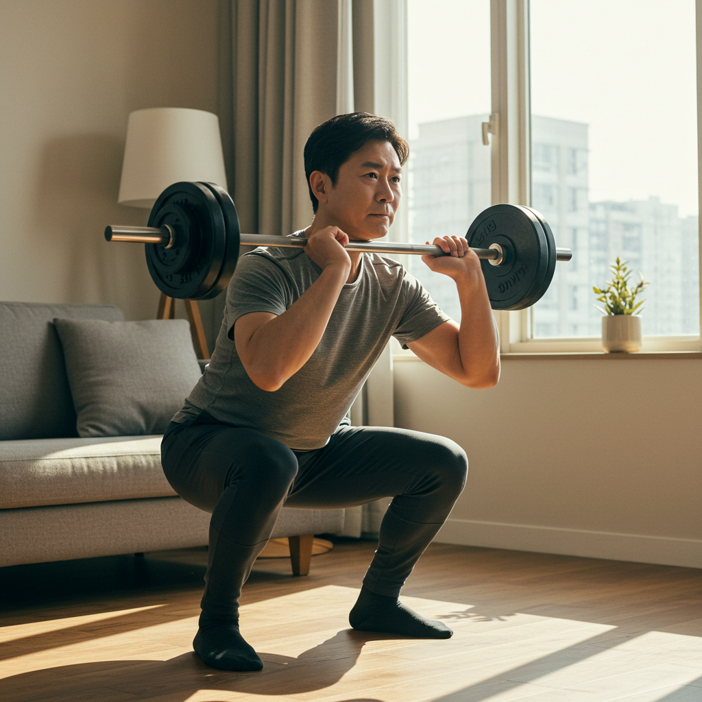 한 중년의 한국인 남성이 거실에서 햇살을 받으며 완벽한 자세로 스쿼트 운동을 하는 모습.