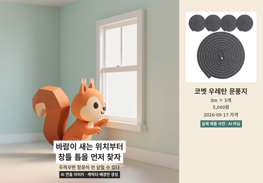 창틀 틈을 확인하는 다람쥐 캐릭터와 코멧 우레탄 문풍지 실제 제품 사진