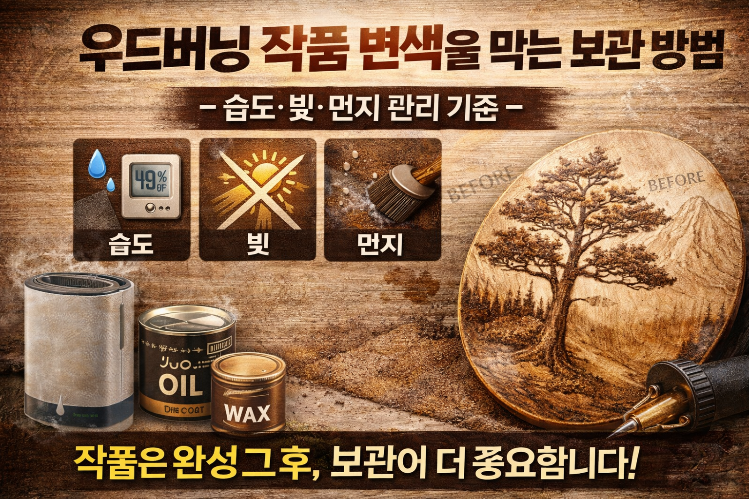 우드버닝 작품 변색을 막는 보관 방법 – 습도·빛·먼지 관리 기준
