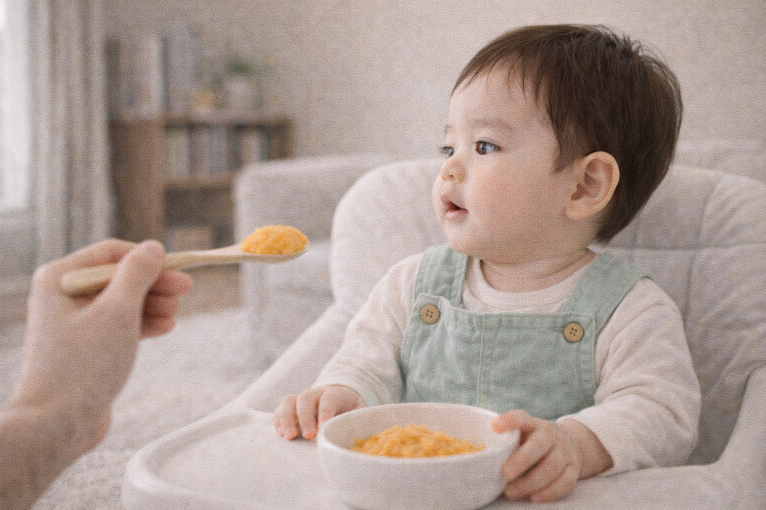 영아전환기 식사 중 주변을 바라보며 집중이 흐트러지는 아기 모습