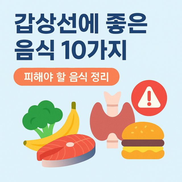 갑상선에 좋은 음식 10가지와 안좋은 음식을 정리한 대표 이미지로 갑상선 건강과 음식 아이콘이 포함된 디자인