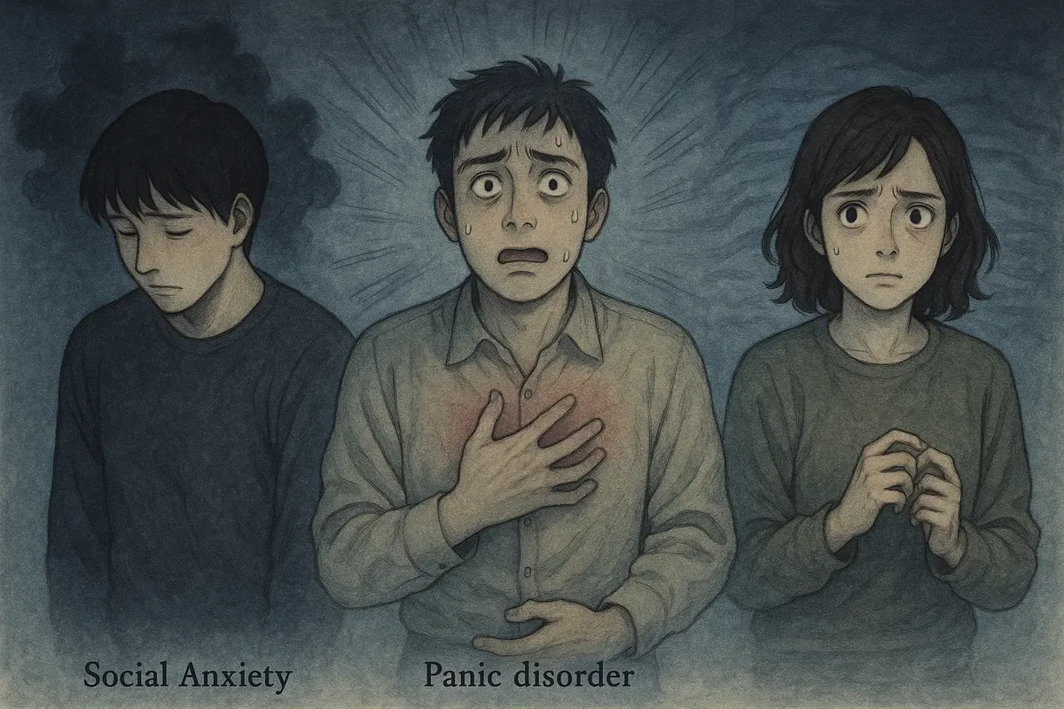 사회불안장애, 공황장애, 범불안장애의 증상과 특징을 한눈에 보여주는 심리 일러스트