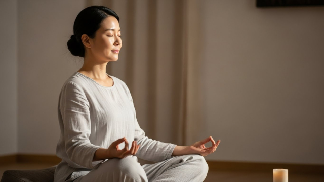차분한 표정으로 명상 중인 여성