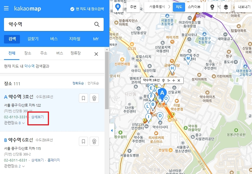 카카오맵에서 특정 역을 선택하고 상세보기 버튼을 누르는 장면