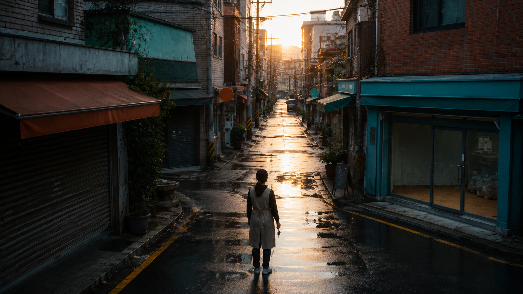 영업을 종료한 점포 앞에서 새로운 상가를 바라보며 재창업을 준비하는 소상공인