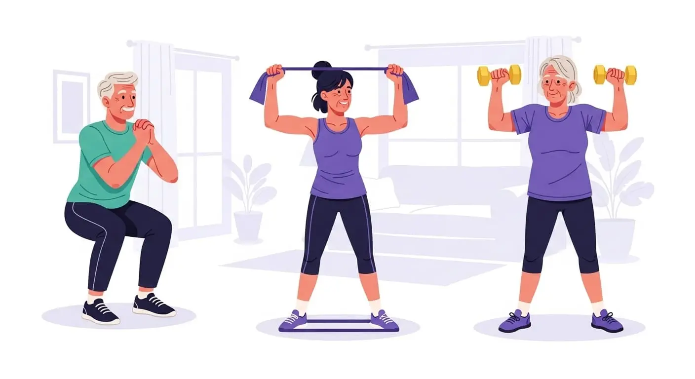 집에서 간단한 도구로 저항성 운동을 하는 50대 이후 시니어들의 모습. 근육 강화 운동의 중요성을 보여줍니다.