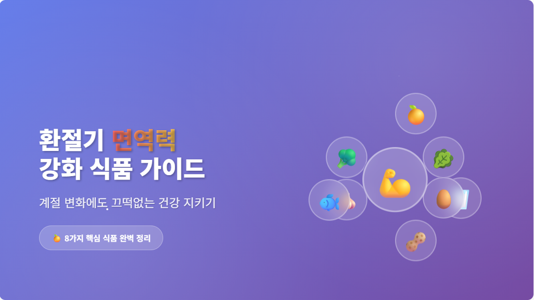 "환절기 면역력 강화에 도움되는 과일, 채소, 발효식품 등 8가지 대표 식품을 보여주는 인포그래픽"