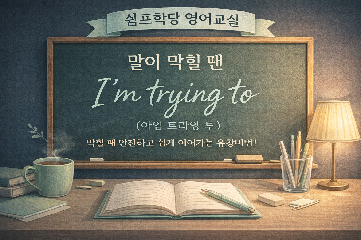 칠판 배경의 쉼프학당 영어교실 썸네일, &lsquo;말이 막힐 땐 I&rsquo;m trying to&rsquo; 문구와 민트 톤 학습 소품(노트&middot;연필&middot;머그&middot;스탠드)이 있는 따뜻한 분위기 이미지