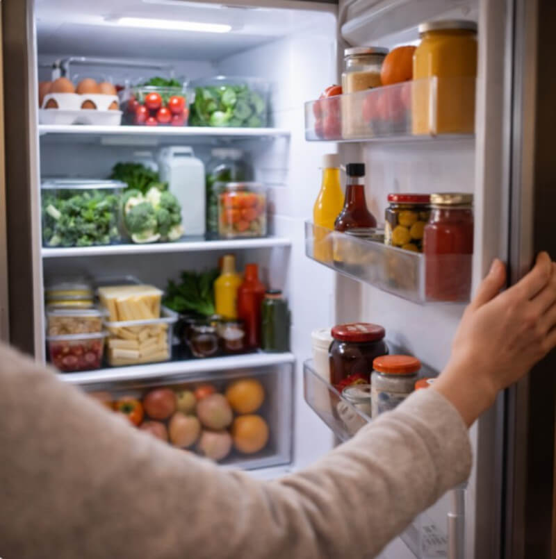 가정에서 냉장고 문을 열어 내부 식재료를 확인하는 모습