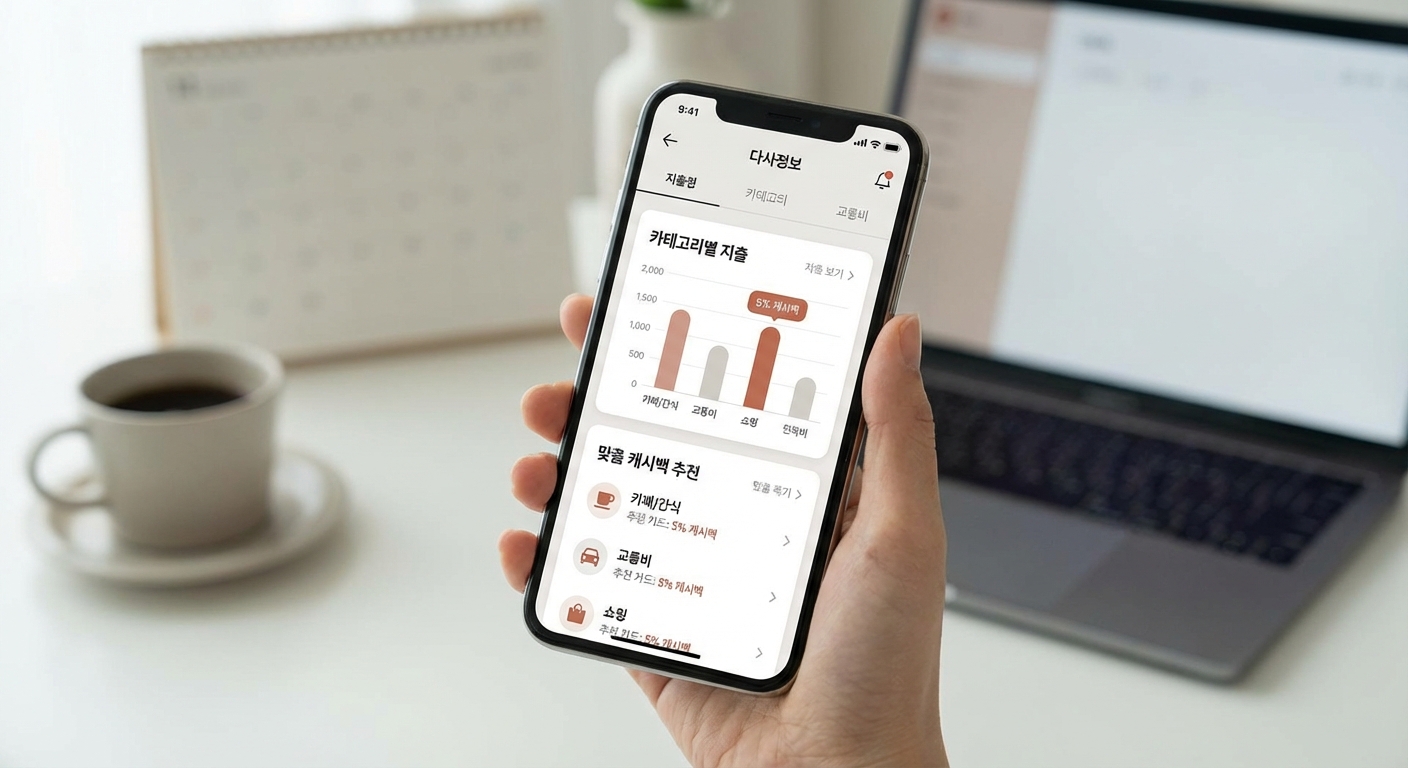 스마트폰 앱으로 자신의 소비 내역을 분석하고 캐시백 혜택을 확인하는 사람의 손. 개인화된 현명한 소비 전략 수립의 중요성을 상징.