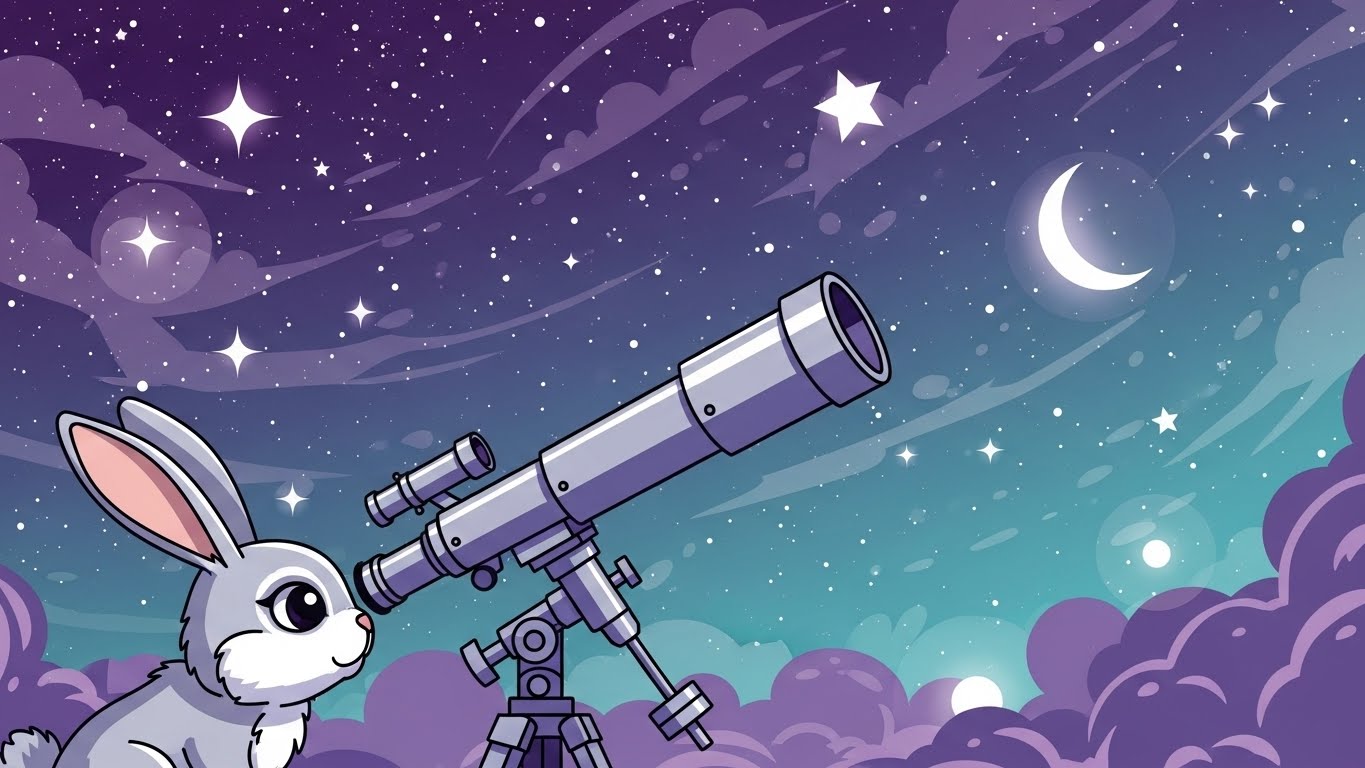 망원경을 통해 내면의 영감과 미래의 행운의 별을 관찰하는 감성적인 토끼띠 캐릭터 일러스트