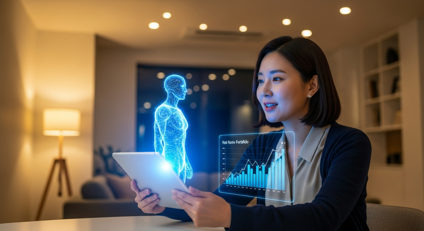 태블릿의 빛나는 아바타로 표현된 디지털 AI 조언자와 상담하는 젊어 보이는 중년 한국 여성. 꾸준한 성장을 보여주는 부동산 포트폴리오 그래프를 논의하고 있음. 차가운 파란색 디지털 조명과 대조되는 따뜻한 실내 조명.