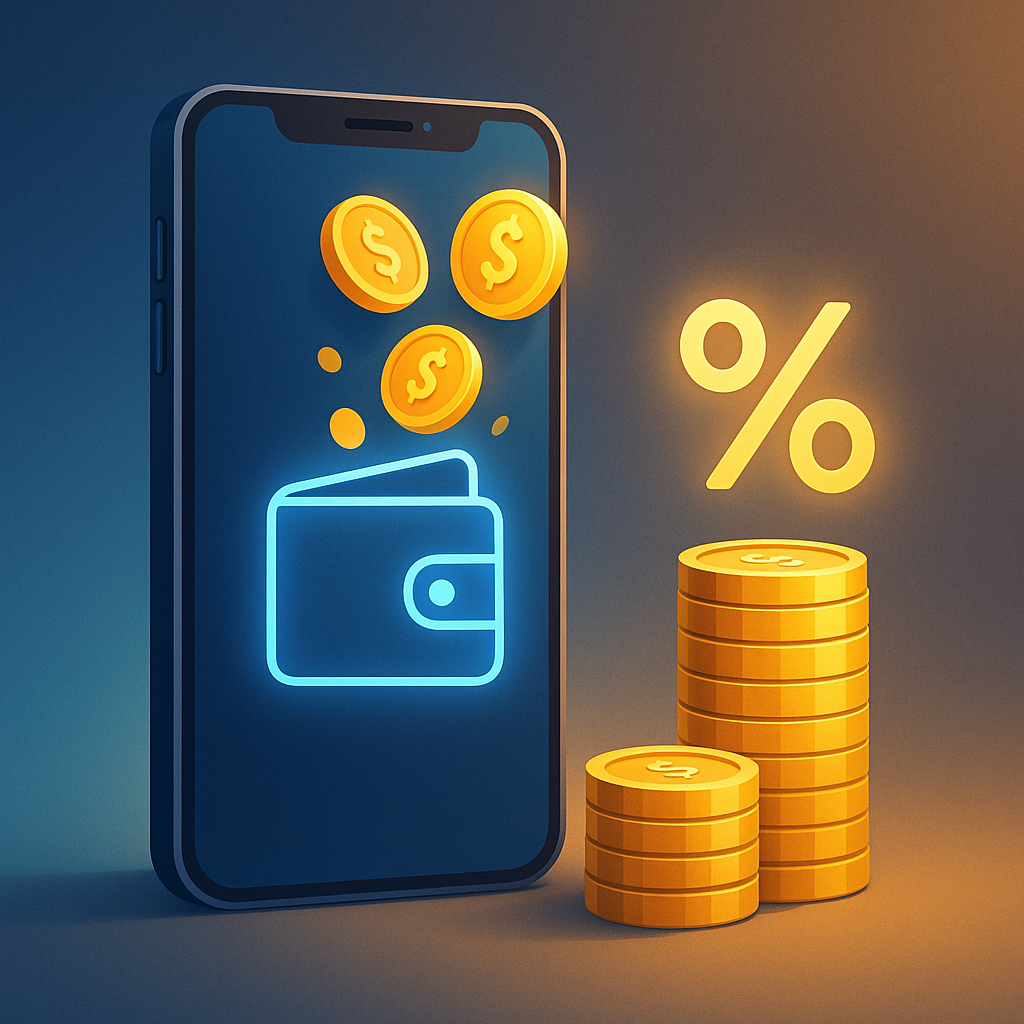 스마트폰-간편결제-앱에-코인이-쌓이고-퍼센트-기호가-함께-표현된-장면으로-간편결제-리워드의-실제-환급률을-상징적으로-나타낸-이미지