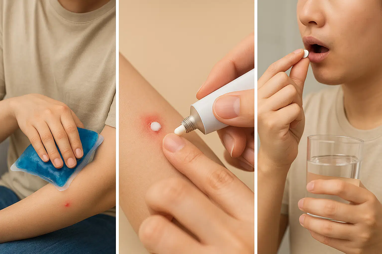 벌레에 물린 후 얼음찜질을 하는 모습, 연고를 바르는 손, 약을 복용하는 장면