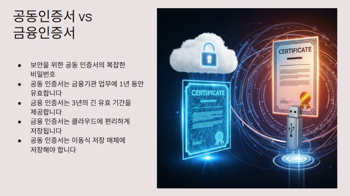 공동인증서와 금융인증서 차이
보안을 위한 공동 인증서의 복잡한 비밀번호
공동 인증서는 금융기관 업무에 1년 동안 유효합니다
금융 인증서는 3년의 긴 유효 기간을 제공합니다
금융 인증서는 클라우드에 편리하게 저장됩니다
공동 인증서는 이동식 저장 매체에 저장해야 합니다