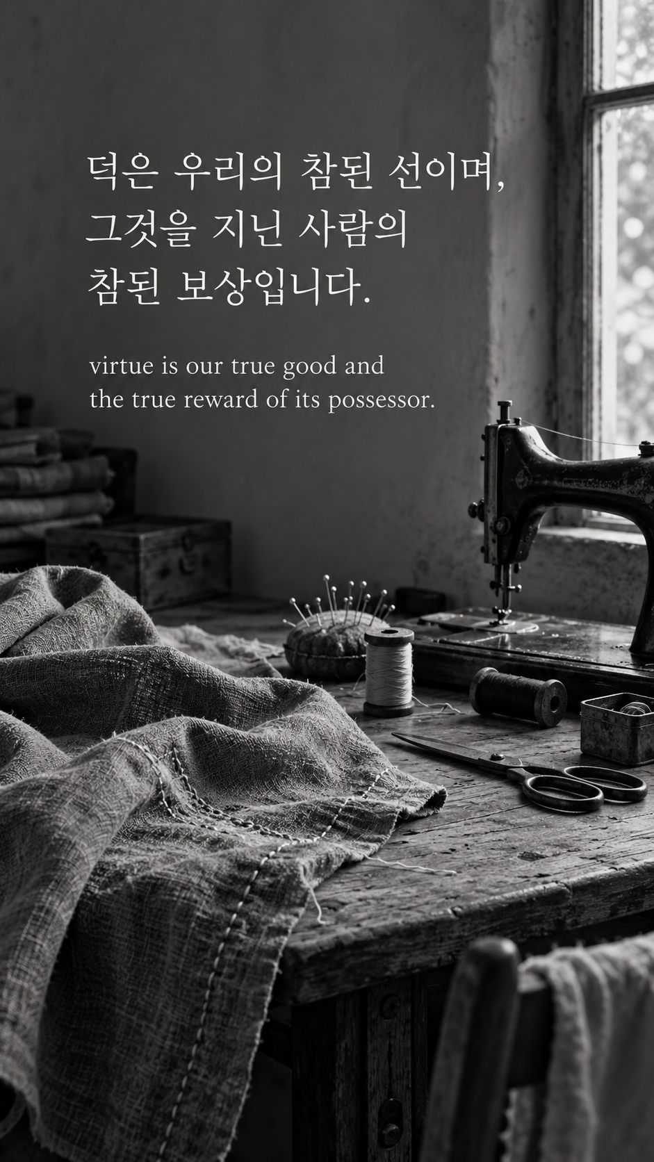 덕은 우리의 참된 선이며, 그것을 지닌 사람의 참된 보상입니다. &mdash; 비어 있는 오래된 직물 수선 작업대와 단단하게 이어진 바느질, 실과 천의 질감을 살린 흑백사진
