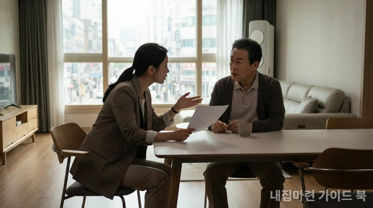 임차인이 계약갱신청구권 서류를 들고 임대인과 대화하는 모습