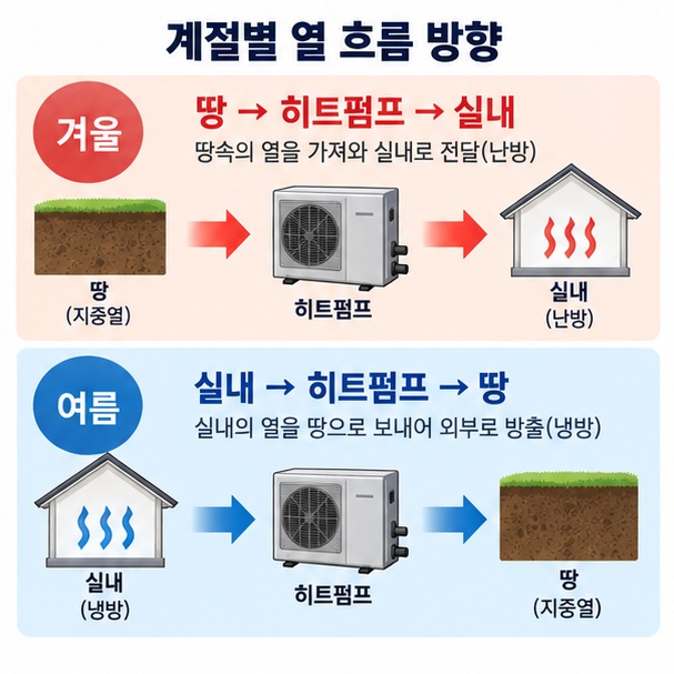 겨울에는 땅에서 실내로 여름에는 실내에서 땅으로 열이 이동하는 지열 냉난방 구조를 보여주는 이미지