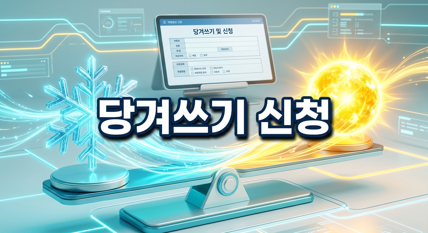 태양(여름)과 눈송이(겨울)가 양쪽에 놓인 저울에서 겨울 쪽의 에너지 예산이 여름 쪽으로 이동하는 모습을 표현한 3D 일러스트 배경에, 짙은 그림자와 외곽선으로 선명하게 강조된 '당겨쓰기 신청'이라는 한글 문구가 중앙에 적힌 이미지
