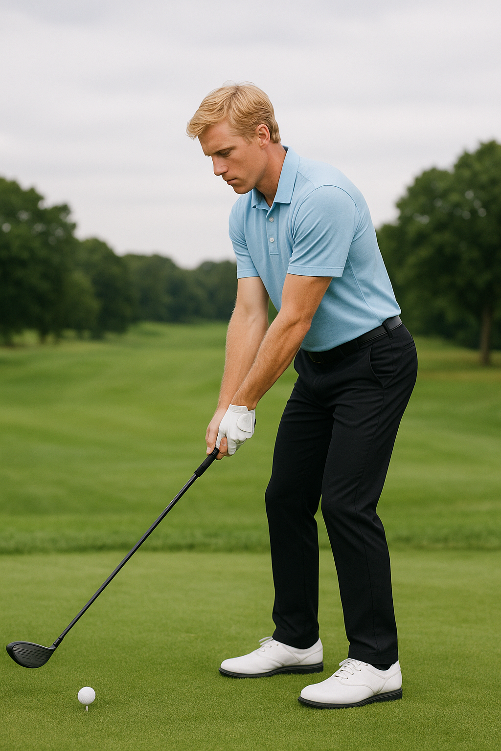 금발의 미국 남자 프로 골퍼 어드레스 하는 모습