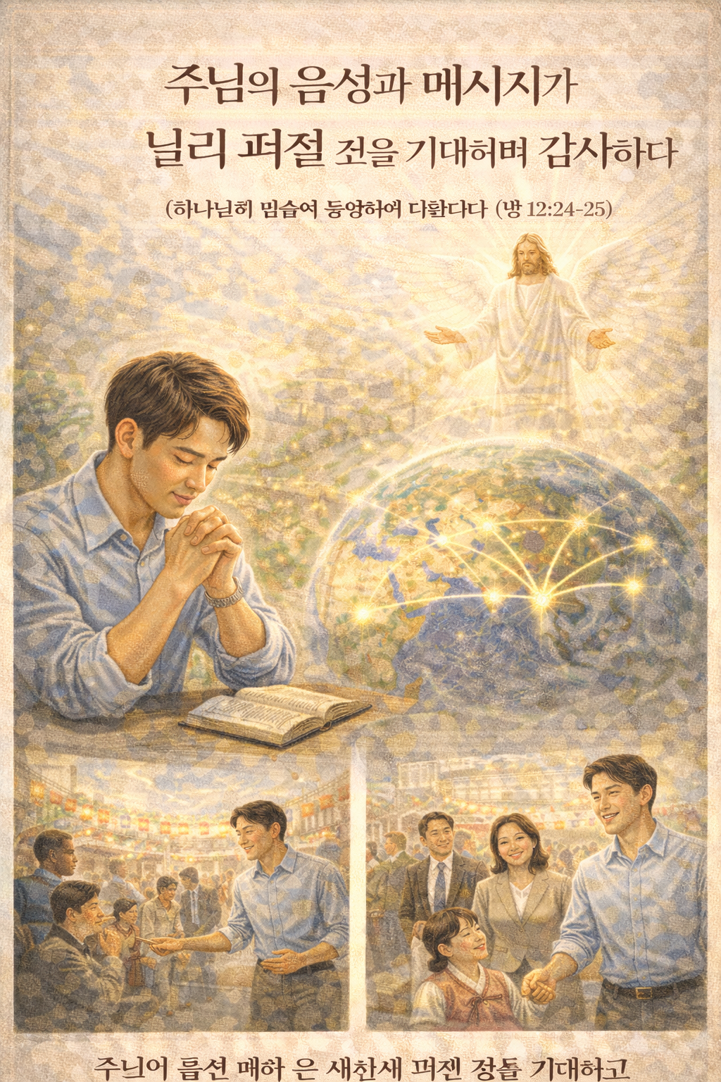 행 12:24-25 말씀을 보며&amp;#44; 세상의 모든 민족과 나라가 주님의 뜻을 따라 주님의 음성과 메시지가 널리 퍼져나감을 보게 될 것이며&amp;#44; 주님과 함께 주님의 음성이 퍼지는 것을 보게 될 것입니다. 오늘도 주님의 음성과 메시지가 온 세상에 널리 퍼지는 삶을 살아가는 것을 보게될 것이며&amp;#44; 주님의 음성을 따라 널리 퍼지는 것을 보게될 것을 전망하게 하셔서 감사가 되었습니다. 주님의 음성이 널리 퍼져나가는 모습을 기대하며 감사하는 감사기도를 드리는 모습입니다.