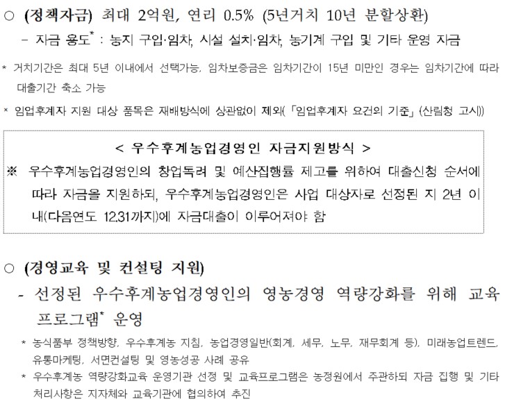 2023우수후계농엽경영인 지원사업 지원내용