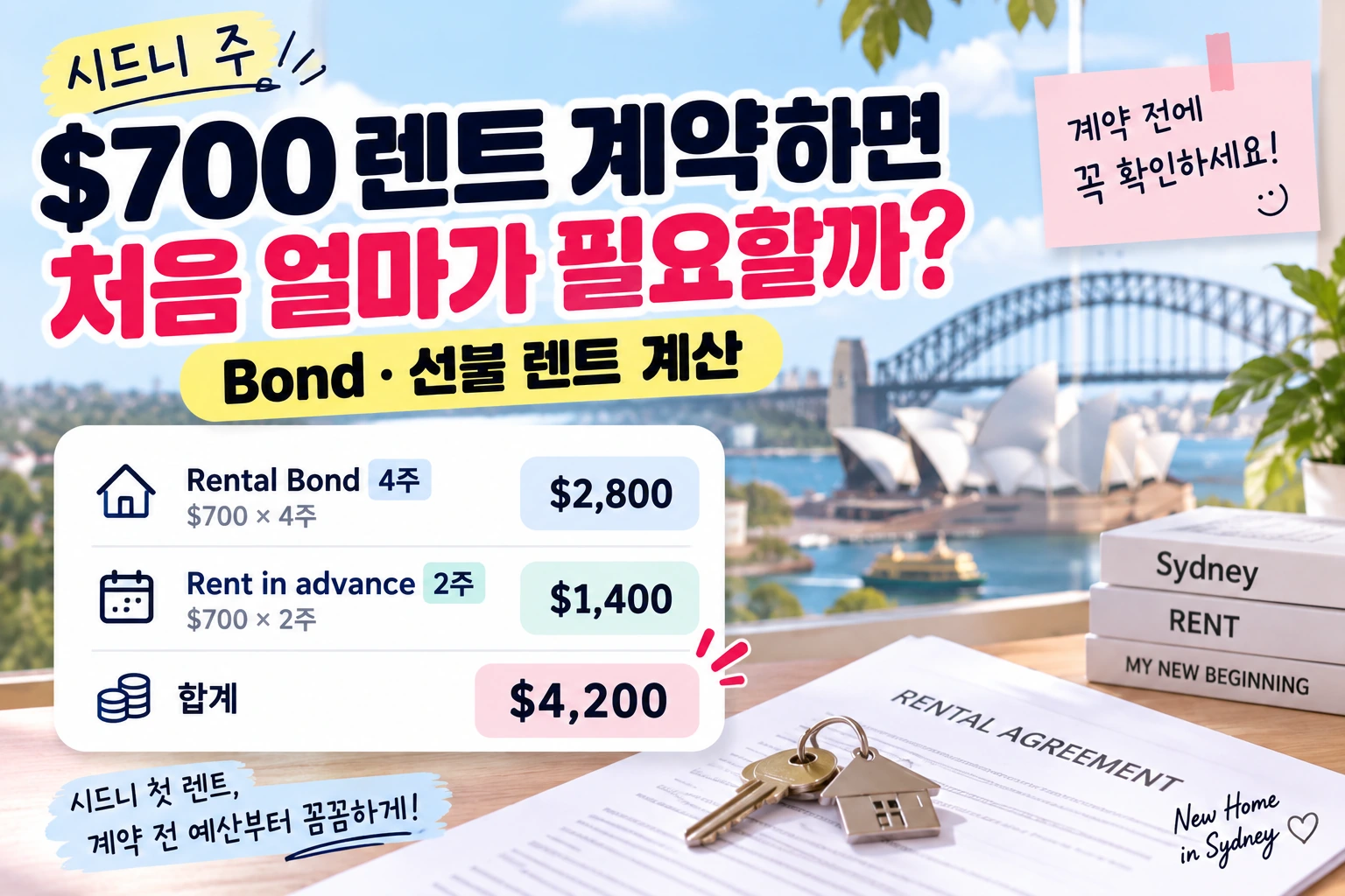 시드니 주 $700 렌트 계약하면 처음 얼마가 필요할까? Bond/선불 렌트 계산