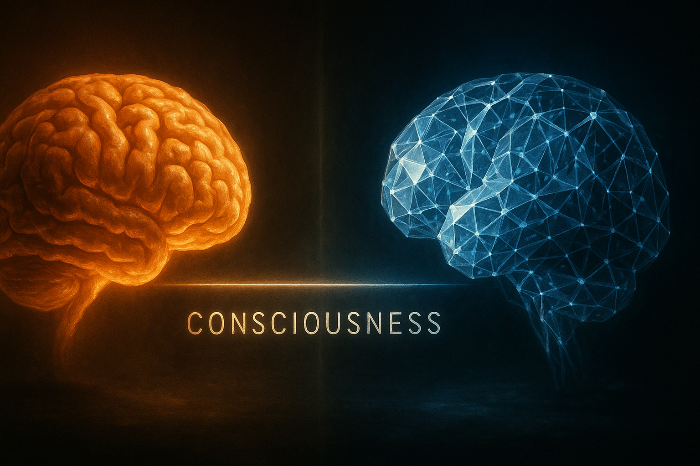 인간의뇌와AI신경망뇌 사이에 의식의 경계선이 이어주는 이미지