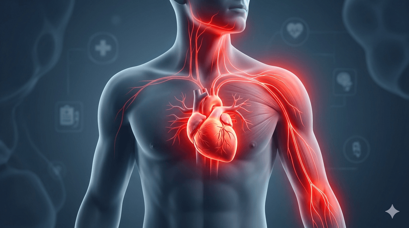 심근경색 전조증상으로 나타나는 가슴 통증과 왼쪽 팔 통증 위치 설명