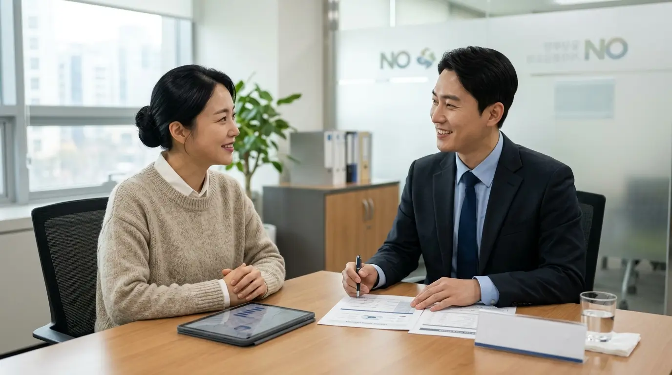 밝고 신뢰감 있는 서민 금융 통합 지원 센터 상담 창구에서 30대 여성이 대출 상담원과 대면하여 신용 회복 서류를 진지하게 검토하는 모습